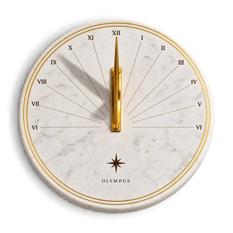 White marble sundial with a gold gnomon and Roman hour lines, engraved with the Olympus star.
