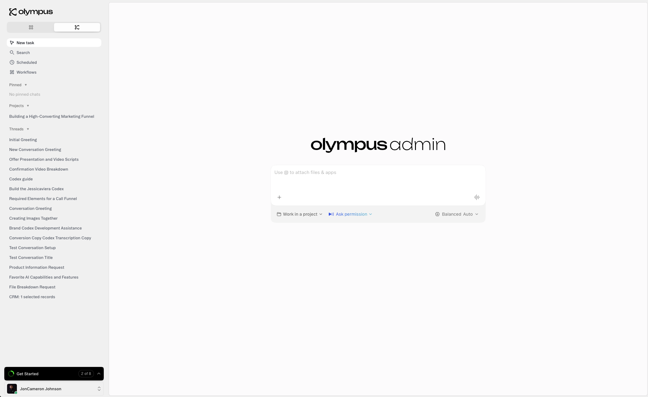 Olympus workspace with the task sidebar and the agent prompt box