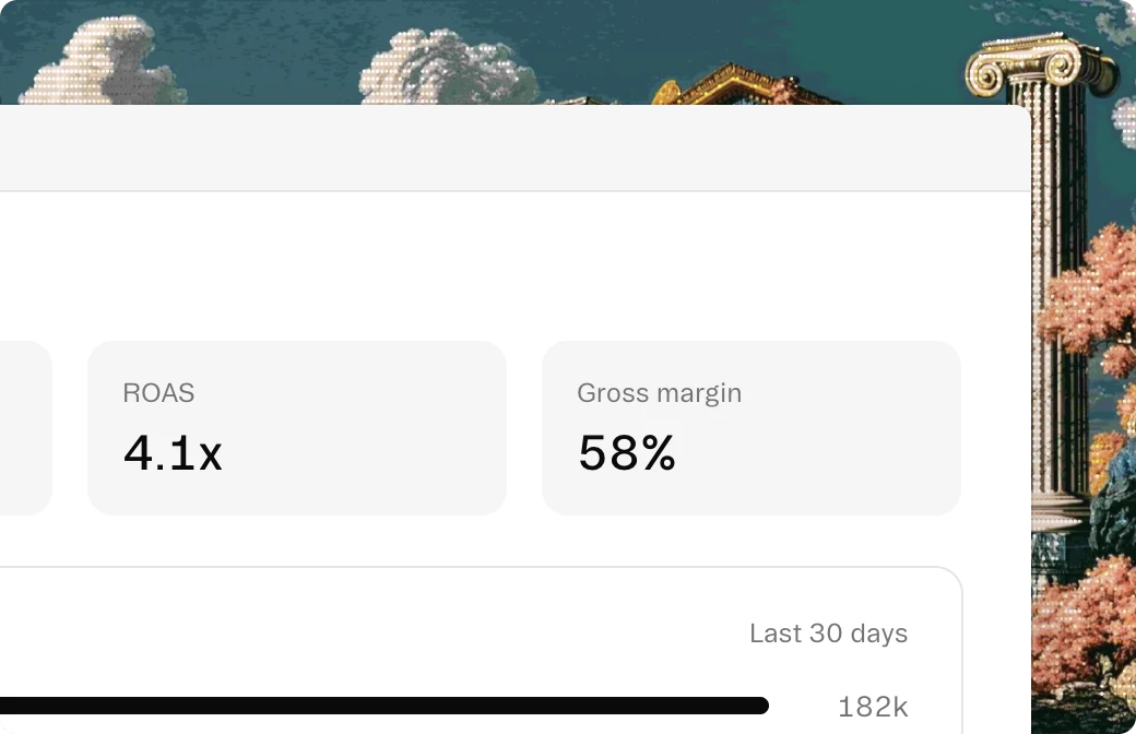 Analytics view with ROAS and gross margin tiles