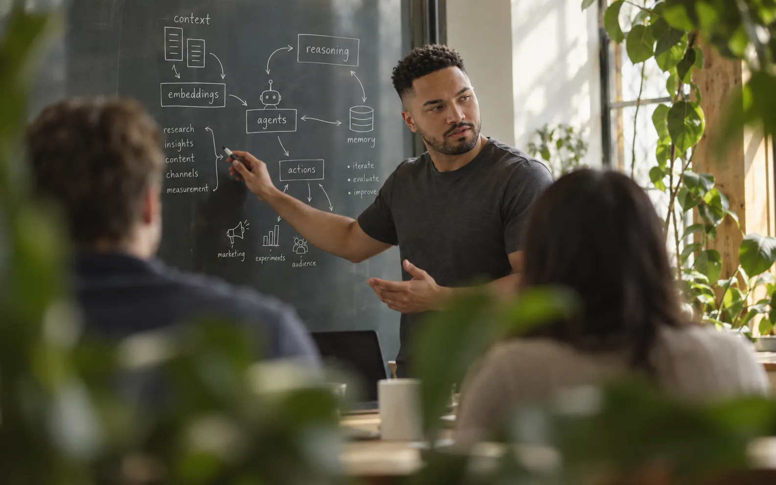 An Olympus builder sketching an agent workflow on a chalkboard for two teammates